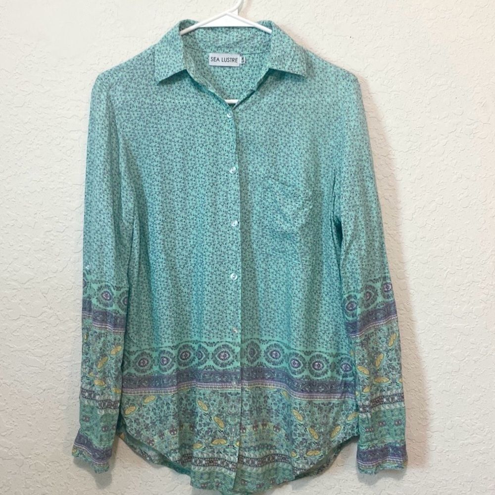 Sea Lustre Button down, teal purple, colored lightweight shirt, blouse medium